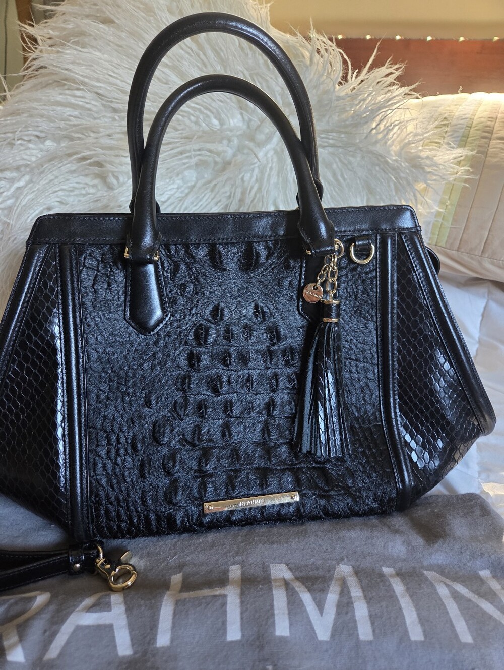 Brahmin Vintage Small Black Finley Satchel With Calf Hair Accent EUC
